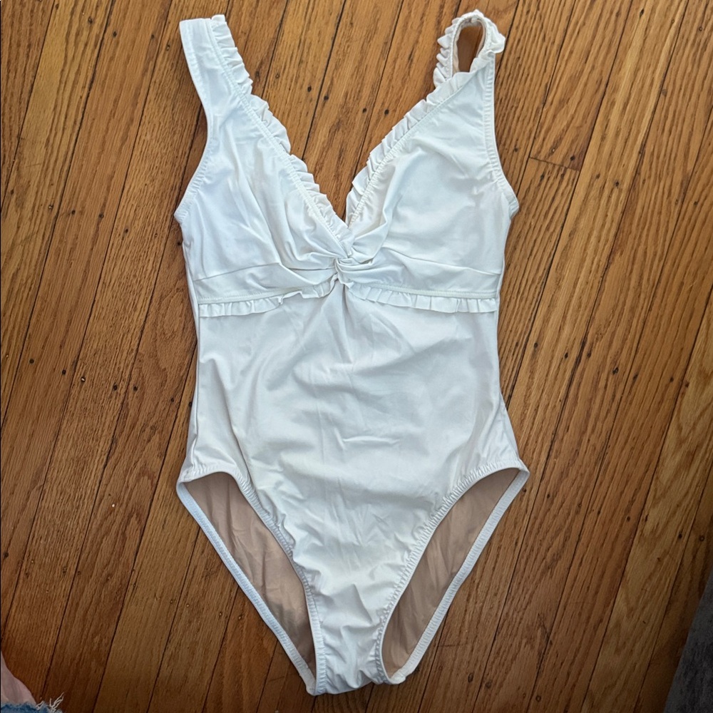 Karla Colletto Swim basics ruffle twist v-neck underwire tank one piece cream 8